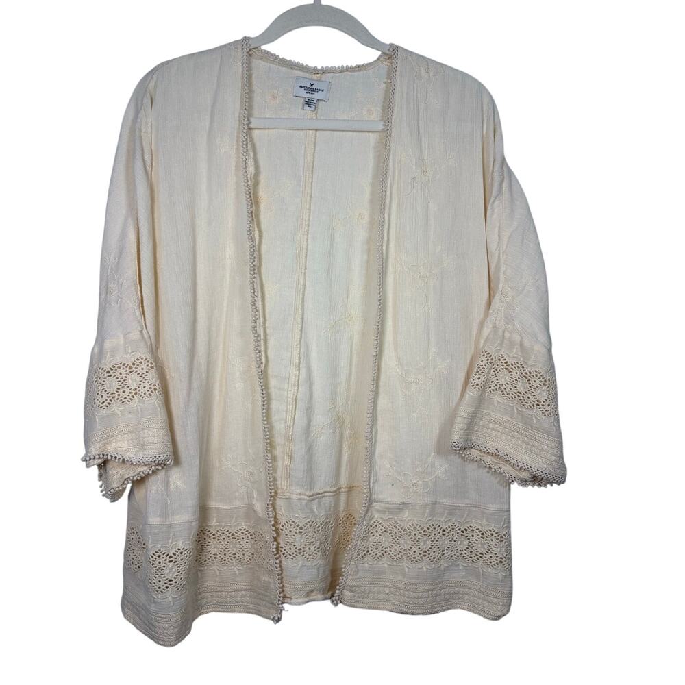 American Eagle Cream Boho Crochet Lace Trim Kimono Cardigan Open Front Jacket M